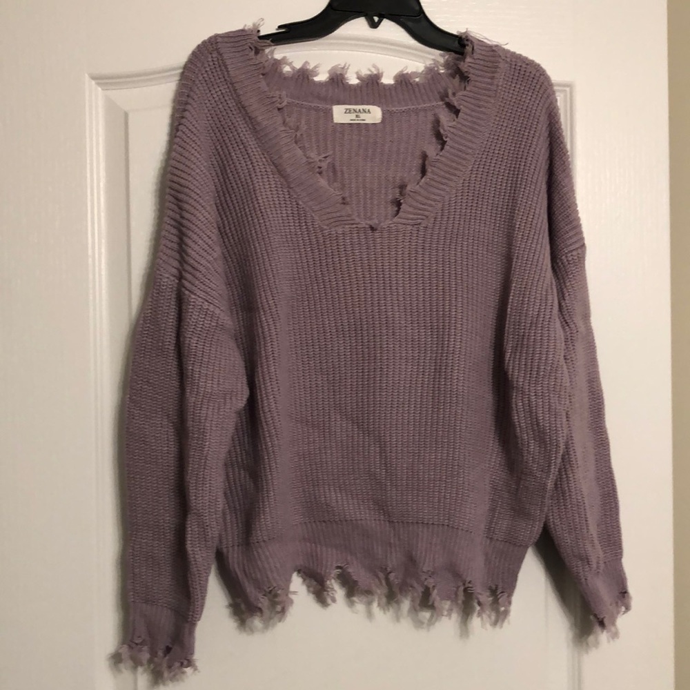 Zenana Lavender V-neck Sweater with Distressing